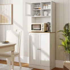 Küchen-Vorratsschrank 170 cm Holzschrank mit Mikrowellenregal 8 Türregale & 5 verstellbare Regale Weiß