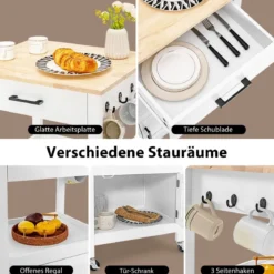 Küchenwagen auf Rädern Mobile Kücheninsel mit Gummiholzplatte 56 x 46 x 89 cm Weiß