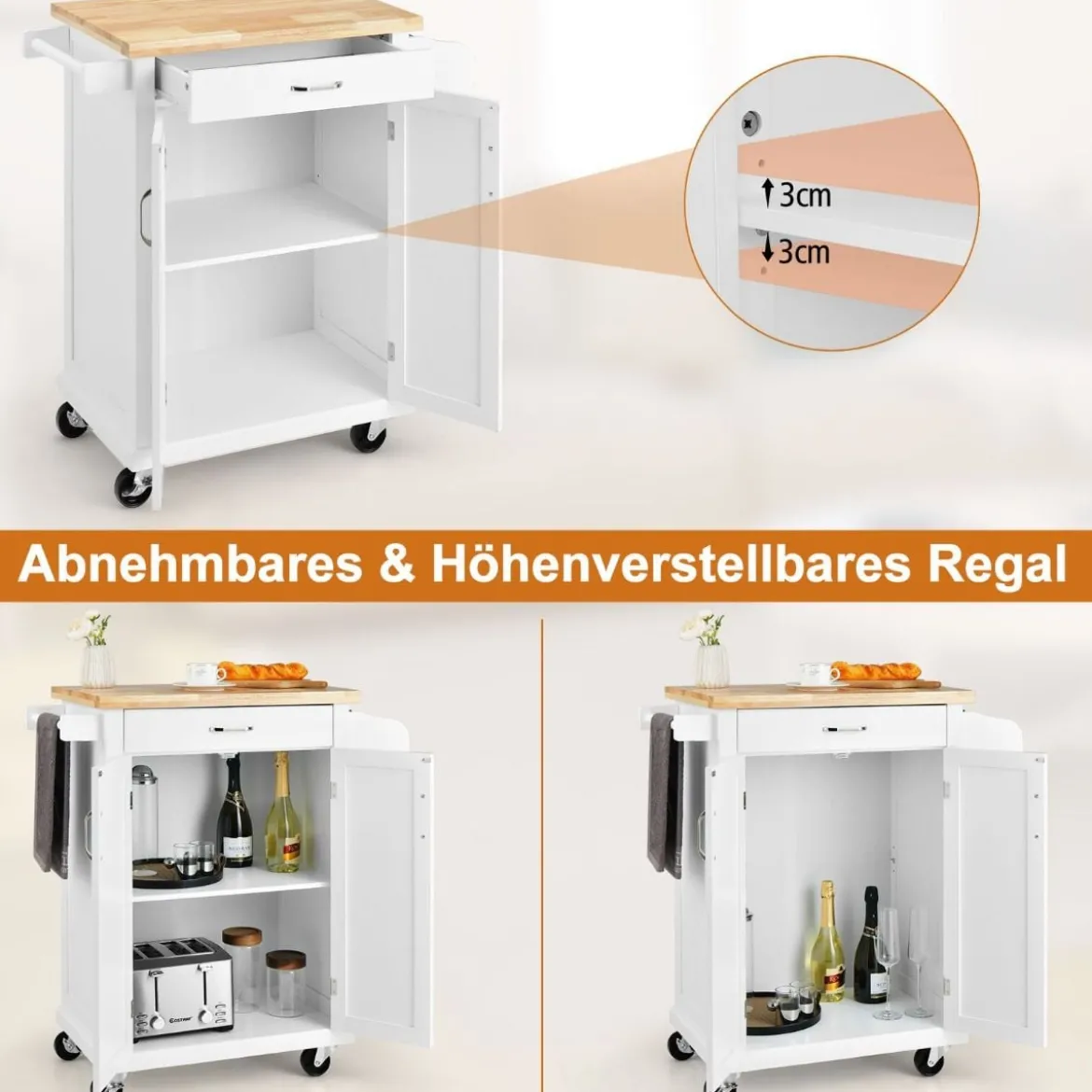 Küchenwagen auf Rollen Bewegliche Kücheninsel 89 x 45 x 96 cm Weiß