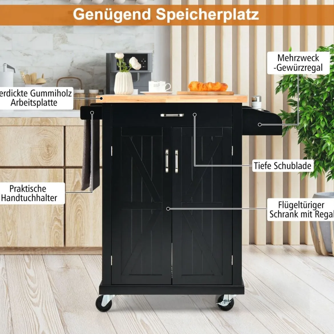 Küchenwagen auf Rollen Bewegliche Kücheninsel 89 x 45 x 96 cm Schwarz