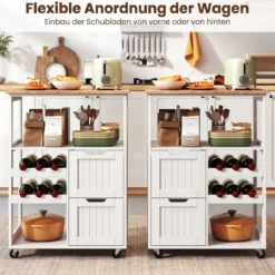 Küchenwagen auf Rollen Kücheninsel mit Offenen Regalen & Weinregal 65 x 37 x 89 cm Weiß