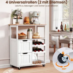 Küchenwagen auf Rollen Kücheninsel mit Offenen Regalen & Weinregal 65 x 37 x 89 cm Weiß