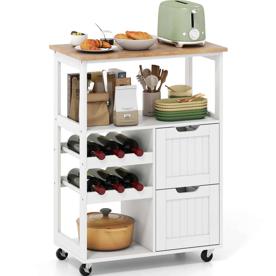 Küchenwagen auf Rollen Kücheninsel mit Offenen Regalen & Weinregal 65 x 37 x 89 cm Weiß