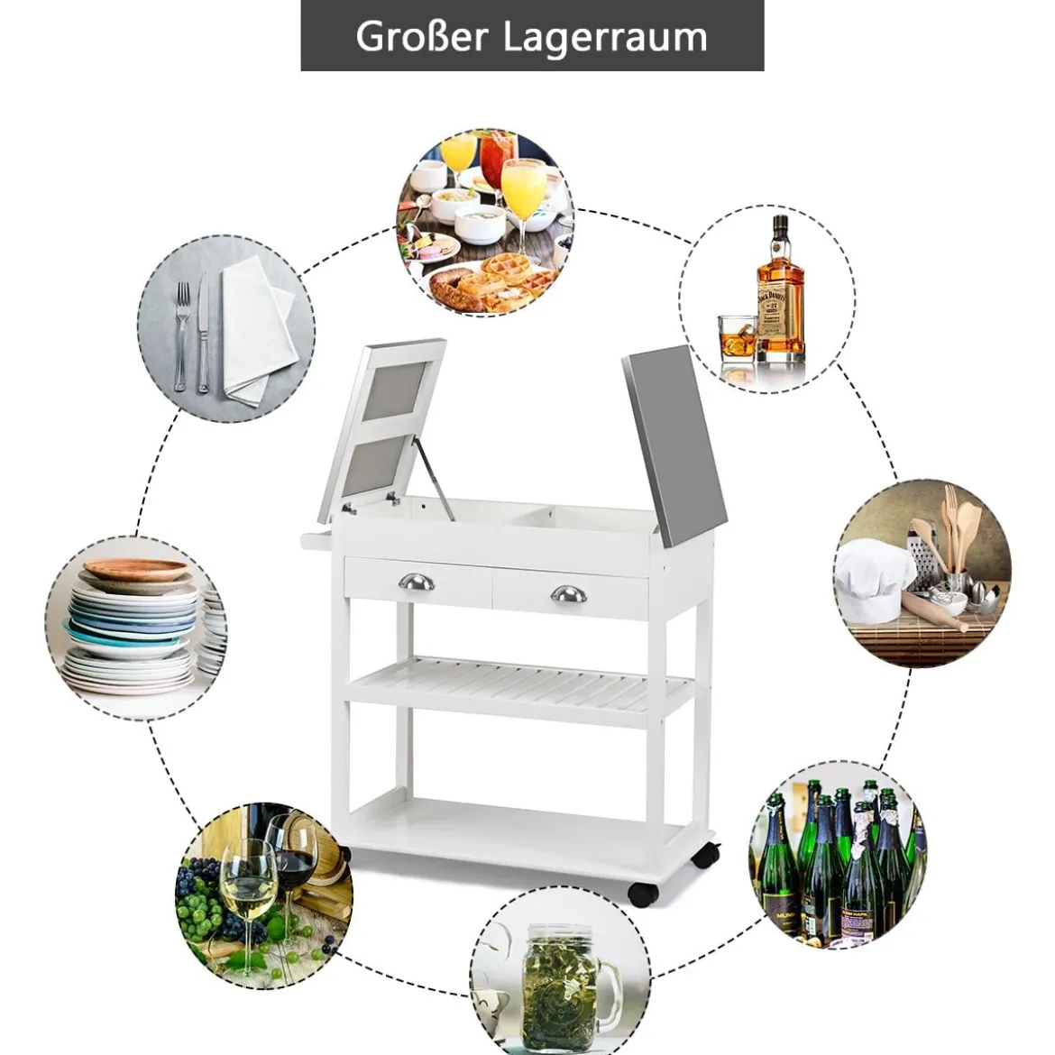 Küchenwagen auf Rollen Mikrowellenwagen mit Edelstahl-Platte & MDF-Rahmen Haushaltswagen Servicewagen Weiß