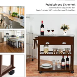 Küchenwagen auf Rollen Mikrowellenwagen mit Edelstahl-Platte & MDF-Rahmen Haushaltswagen Servicewagen Braun