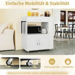 Küchenwagen auf Rollen mit Arbeitsplatte & Schublade & Handtuchhalter & 3 Gewürzregalen Weiß