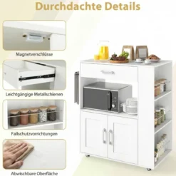 Küchenwagen auf Rollen mit Arbeitsplatte & Schublade & Handtuchhalter & 3 Gewürzregalen Weiß