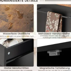 Küchenwagen auf Rollen mit Ladestation & Arbeitsplatte & Schublade & 3 Gewürzregalen Schwarz + Natur