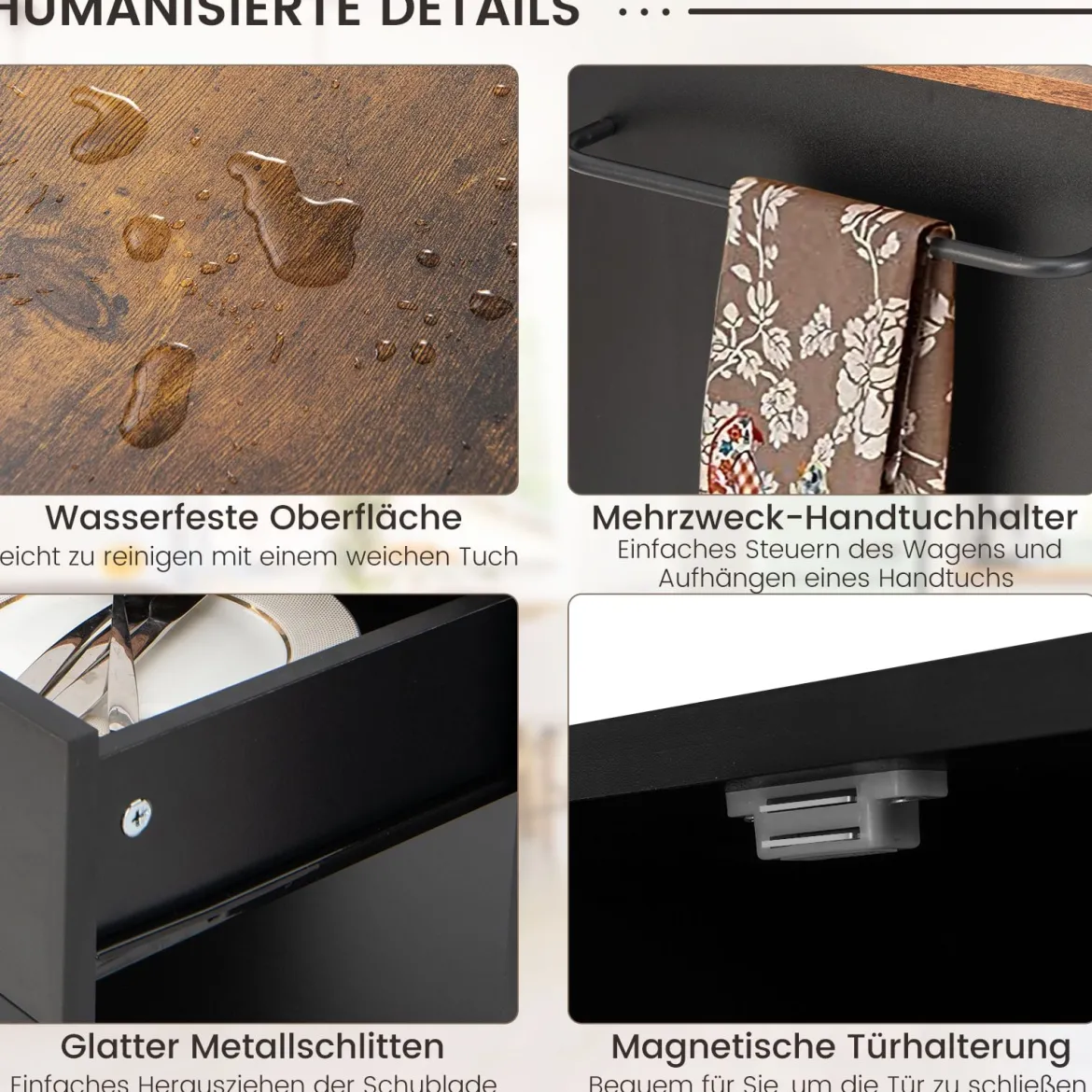 Küchenwagen auf Rollen mit Ladestation & Arbeitsplatte & Schublade & 3 Gewürzregalen Schwarz + Natur