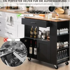 Küchenwagen auf Rollen mit Ladestation & Arbeitsplatte & Schublade & 3 Gewürzregalen Schwarz + Natur