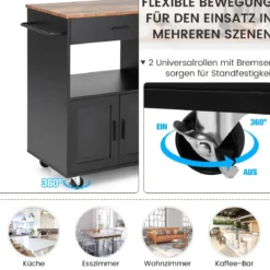 Küchenwagen auf Rollen mit Ladestation & Arbeitsplatte & Schublade & 3 Gewürzregalen Schwarz + Natur