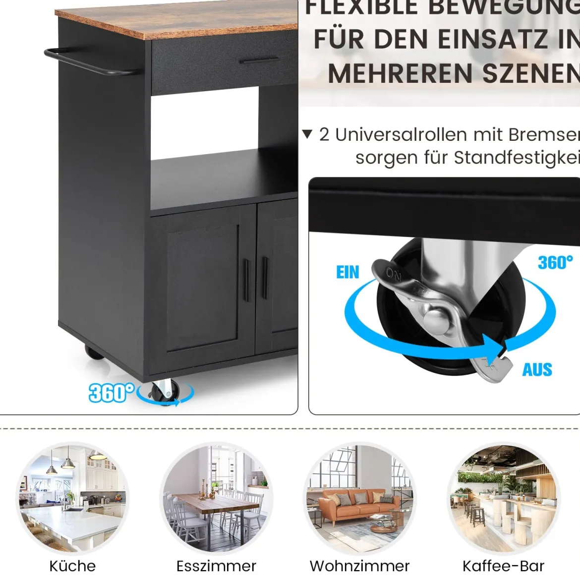 Küchenwagen auf Rollen mit Ladestation & Arbeitsplatte & Schublade & 3 Gewürzregalen Schwarz + Natur