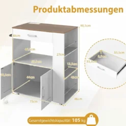 Küchenwagen auf Rollen mit Ladestation & Arbeitsplatte & Schublade & 3 Gewürzregalen Weiß + Natur