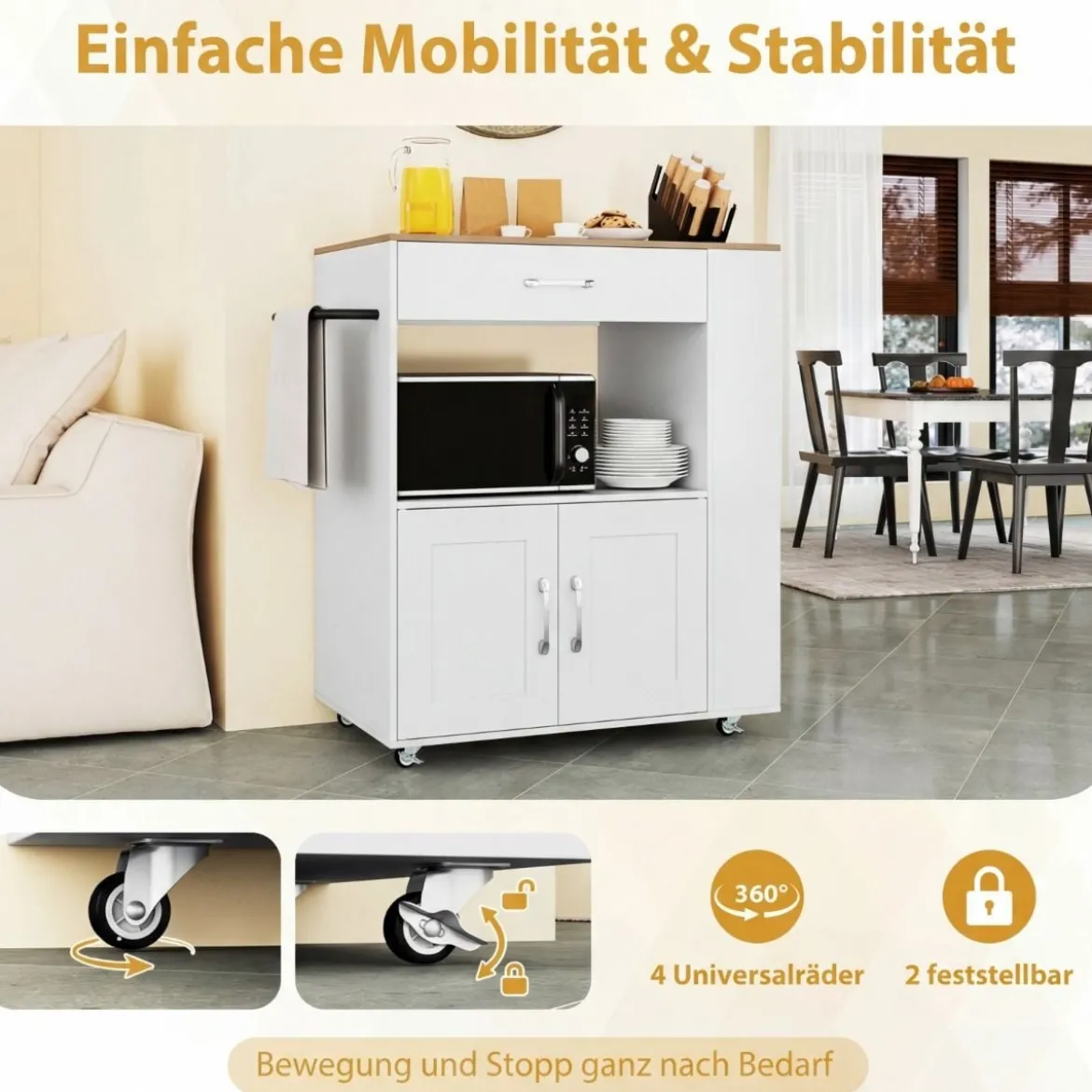 Küchenwagen auf Rollen mit Ladestation & Arbeitsplatte & Schublade & 3 Gewürzregalen Weiß + Natur
