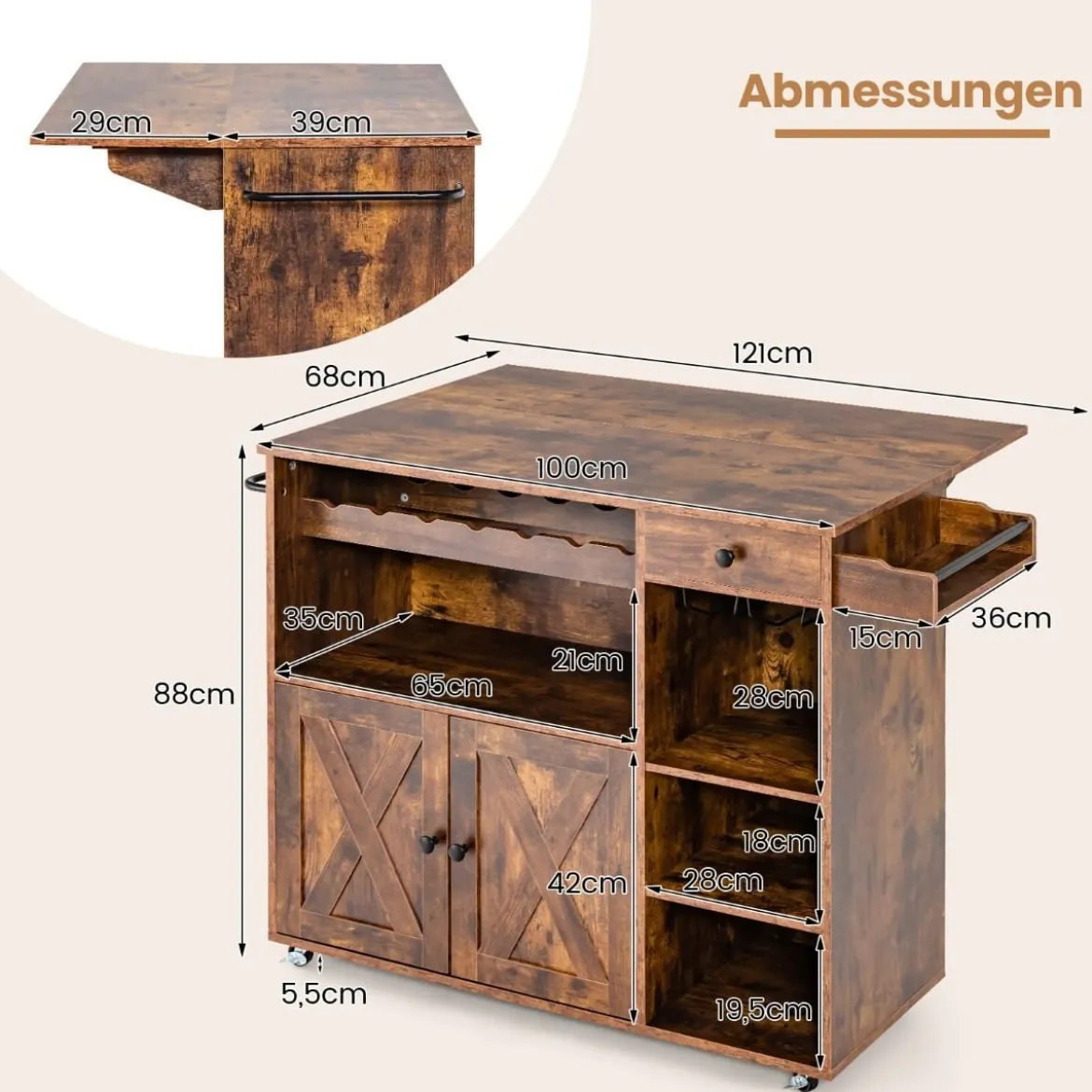 Küchenwagen auf Rollen Servierwagen mit klappbarer Arbeitsplatte 121 x 68 x 88 cm Rustikales Braun