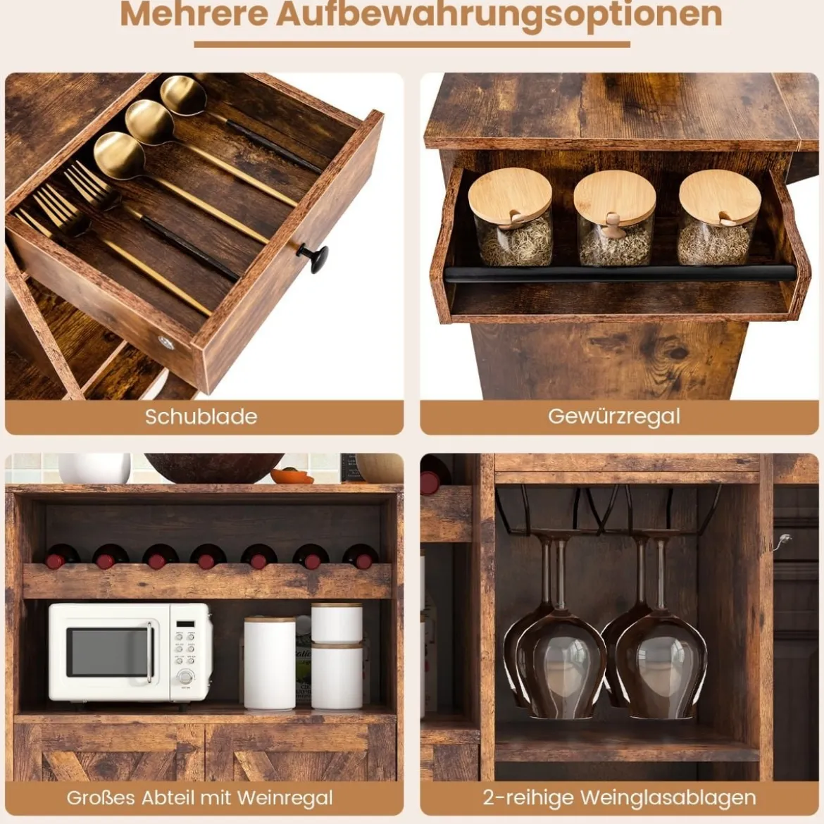 Küchenwagen auf Rollen Servierwagen mit klappbarer Arbeitsplatte 121 x 68 x 88 cm Rustikales Braun