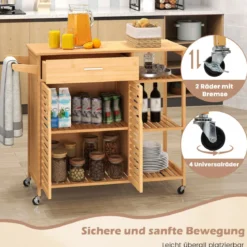 Küchenwagen aus Holz und Bambus Küchenschrank mit Rollen Rollwagen mit Schublade 104 x 40 x 89 cm Natur