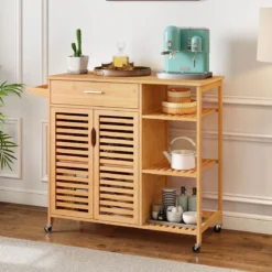 Küchenwagen aus Holz und Bambus Küchenschrank mit Rollen Rollwagen mit Schublade 104 x 40 x 89 cm Natur