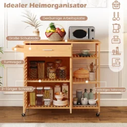 Küchenwagen aus Holz und Bambus Küchenschrank mit Rollen Rollwagen mit Schublade 104 x 40 x 89 cm Natur