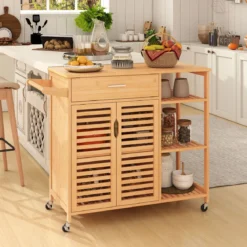 Küchenwagen aus Holz und Bambus Küchenschrank mit Rollen Rollwagen mit Schublade 104 x 40 x 89 cm Natur