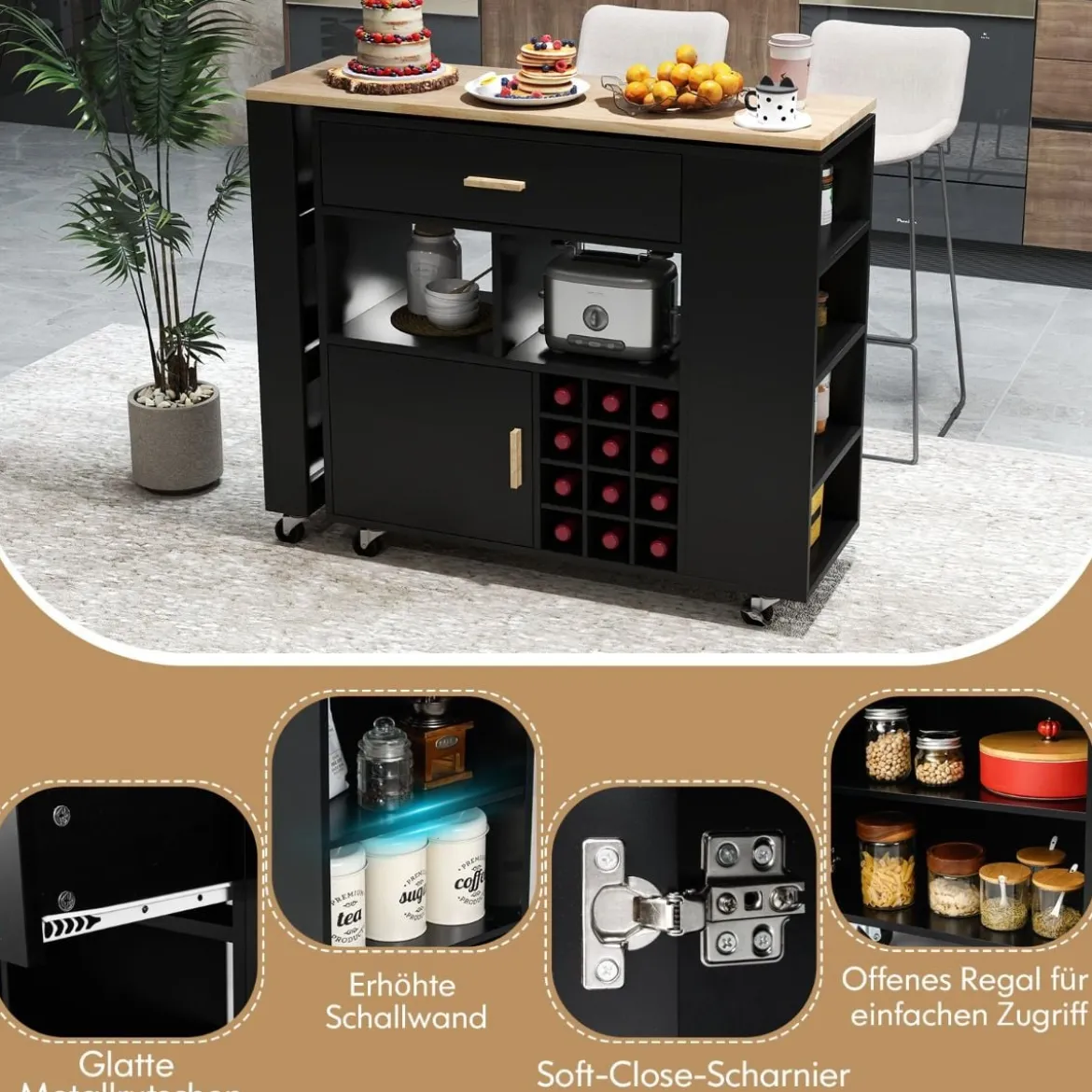 Küchenwagen & Bartisch mit Verstellbarem Regal & Schublade & Weinregal Servierwagen