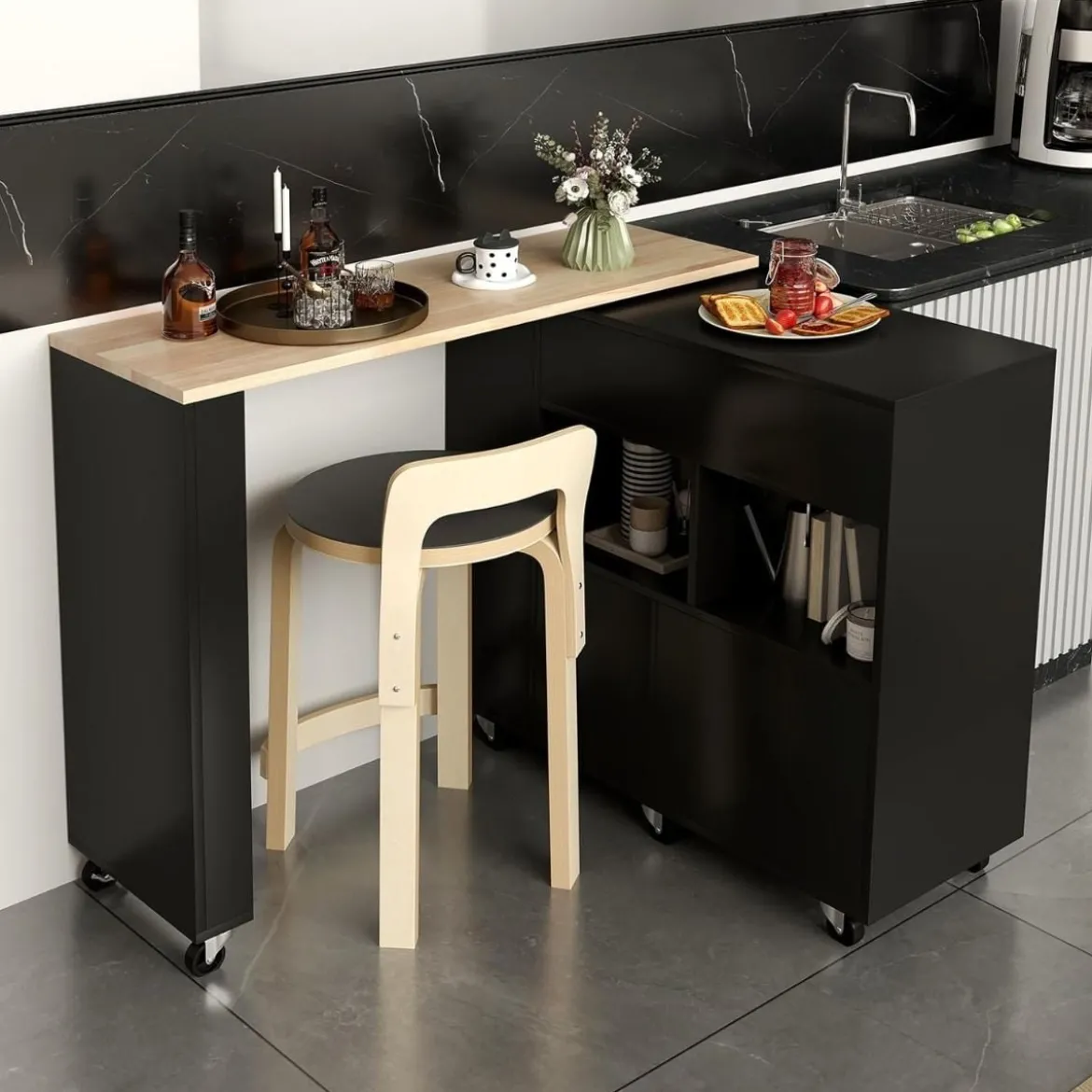 Küchenwagen & Bartisch mit Verstellbarem Regal & Schublade & Weinregal Servierwagen