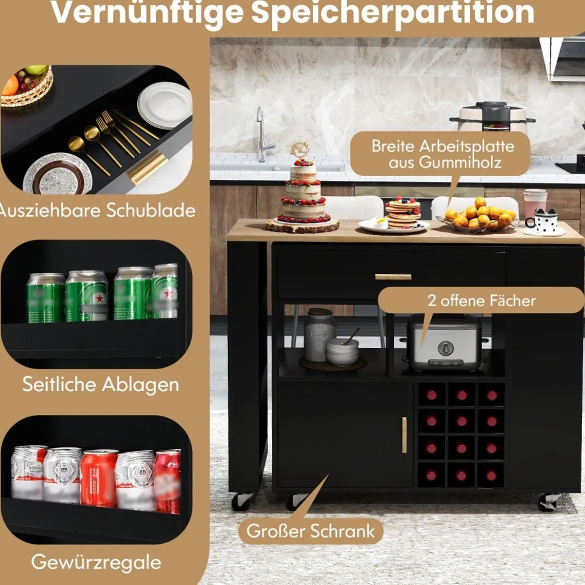 Küchenwagen & Bartisch mit Verstellbarem Regal & Schublade & Weinregal Servierwagen
