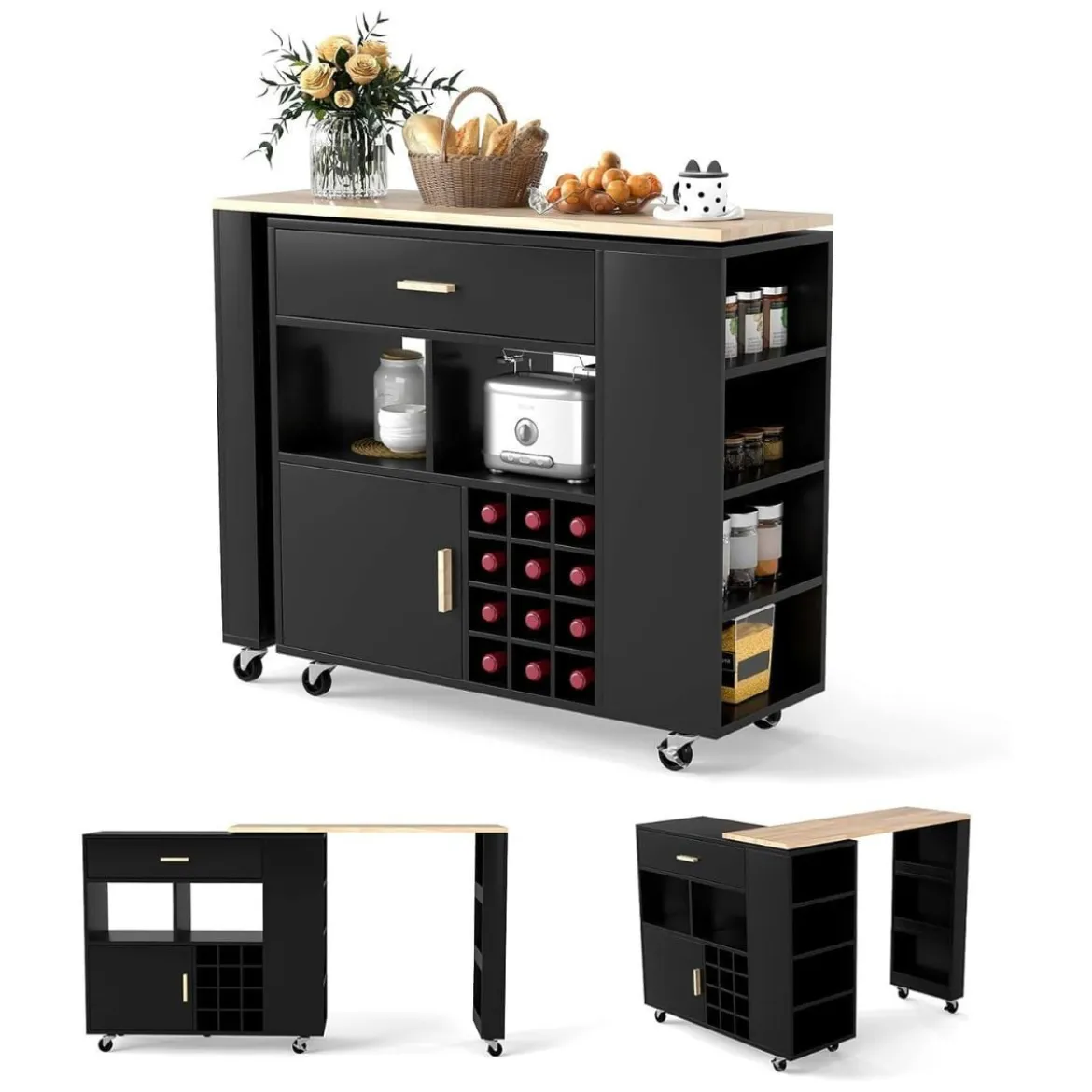 Küchenwagen & Bartisch mit Verstellbarem Regal & Schublade & Weinregal Servierwagen