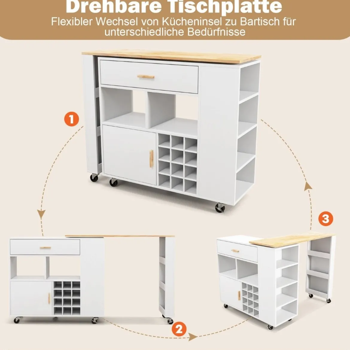 Küchenwagen & Bartisch mit Verstellbarem Regal & Schublade & Weinregal Servierwagen