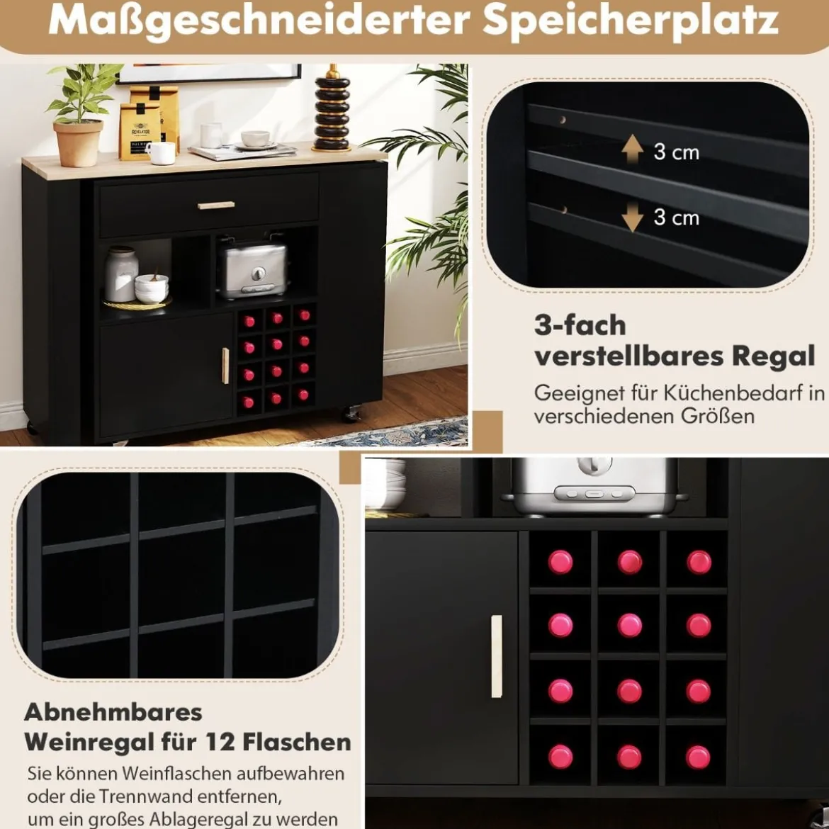 Küchenwagen & Bartisch mit Verstellbarem Regal & Schublade & Weinregal Servierwagen