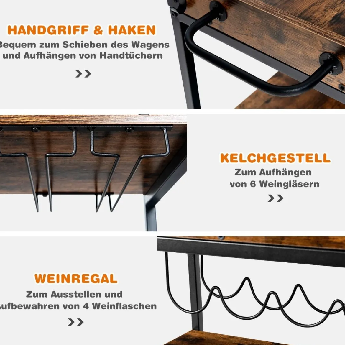 Küchenwagen Küchenwagen auf Rädern Barwagen mit Abnehmbarem Oberen Tablett 56 x 40,5 x 89 cm