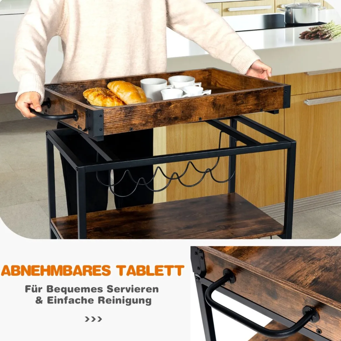 Küchenwagen Küchenwagen auf Rädern Barwagen mit Abnehmbarem Oberen Tablett 56 x 40,5 x 89 cm