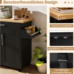 Küchenwagen mit Arbeitsplatte rollbare Kücheninsel mit Schublade & verstellbarem Regal Servierwagen Natur + Schwarz