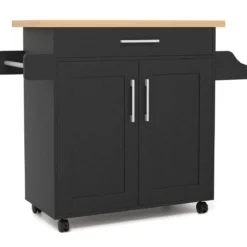 Küchenwagen mit Arbeitsplatte rollbare Kücheninsel mit Schublade & verstellbarem Regal Servierwagen Natur + Schwarz
