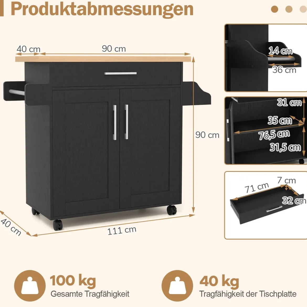 Küchenwagen mit Arbeitsplatte rollbare Kücheninsel mit Schublade & verstellbarem Regal Servierwagen Natur + Schwarz