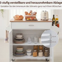 Küchenwagen mit Handtuchhalter Gewürzboard Schublade & Steckdose Kücheninsel Rollbarer Küchenschrank