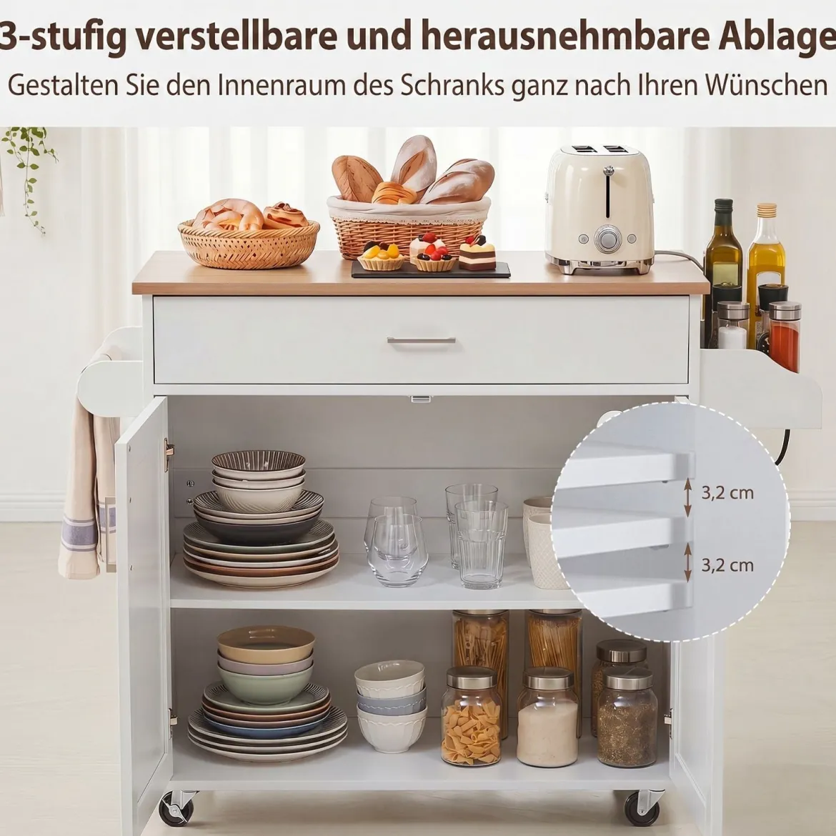 Küchenwagen mit Handtuchhalter Gewürzboard Schublade & Steckdose Kücheninsel Rollbarer Küchenschrank