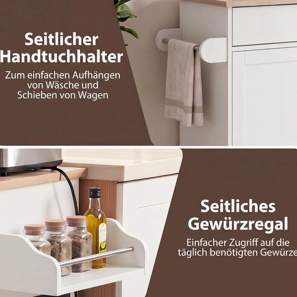 Küchenwagen mit Handtuchhalter Gewürzboard Schublade & Steckdose Kücheninsel Rollbarer Küchenschrank