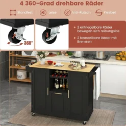 Küchenwagen mit Klapparbeitsplatte & 4 Drehbaren Rollen & Tiefer Schublade Kücheninsel Schwarz