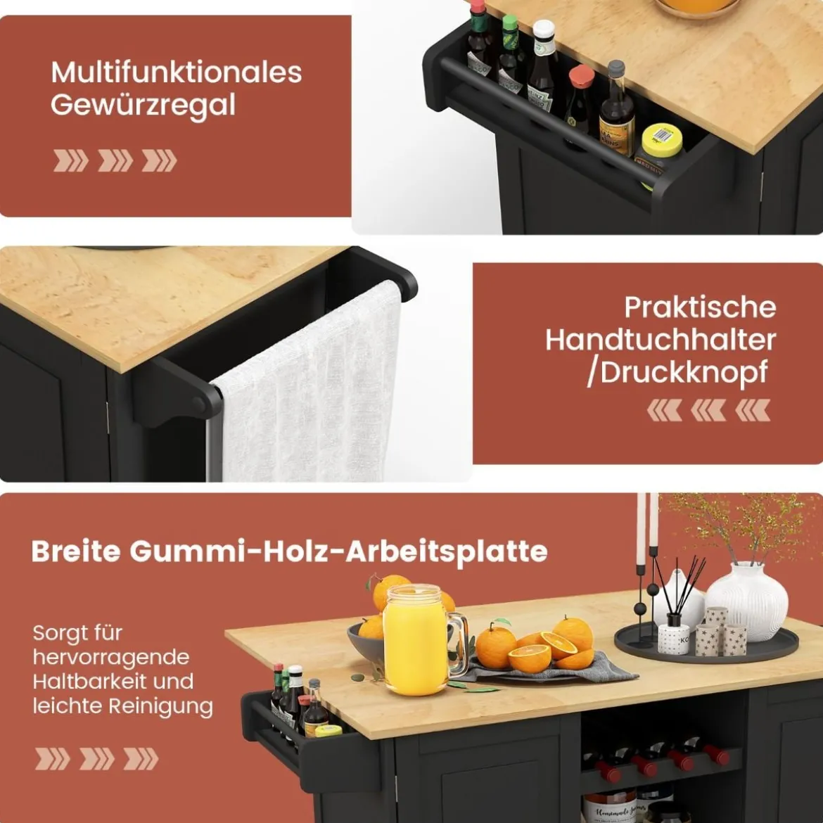 Küchenwagen mit Klapparbeitsplatte & 4 Drehbaren Rollen & Tiefer Schublade Kücheninsel Schwarz