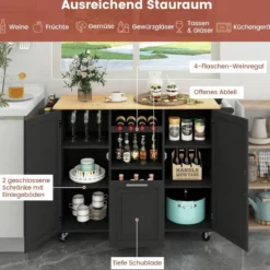 Küchenwagen mit Klapparbeitsplatte & 4 Drehbaren Rollen & Tiefer Schublade Kücheninsel Schwarz