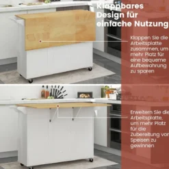 Küchenwagen mit Klapparbeitsplatte & 4 Drehbaren Rollen & Tiefer Schublade Kücheninsel Weiß