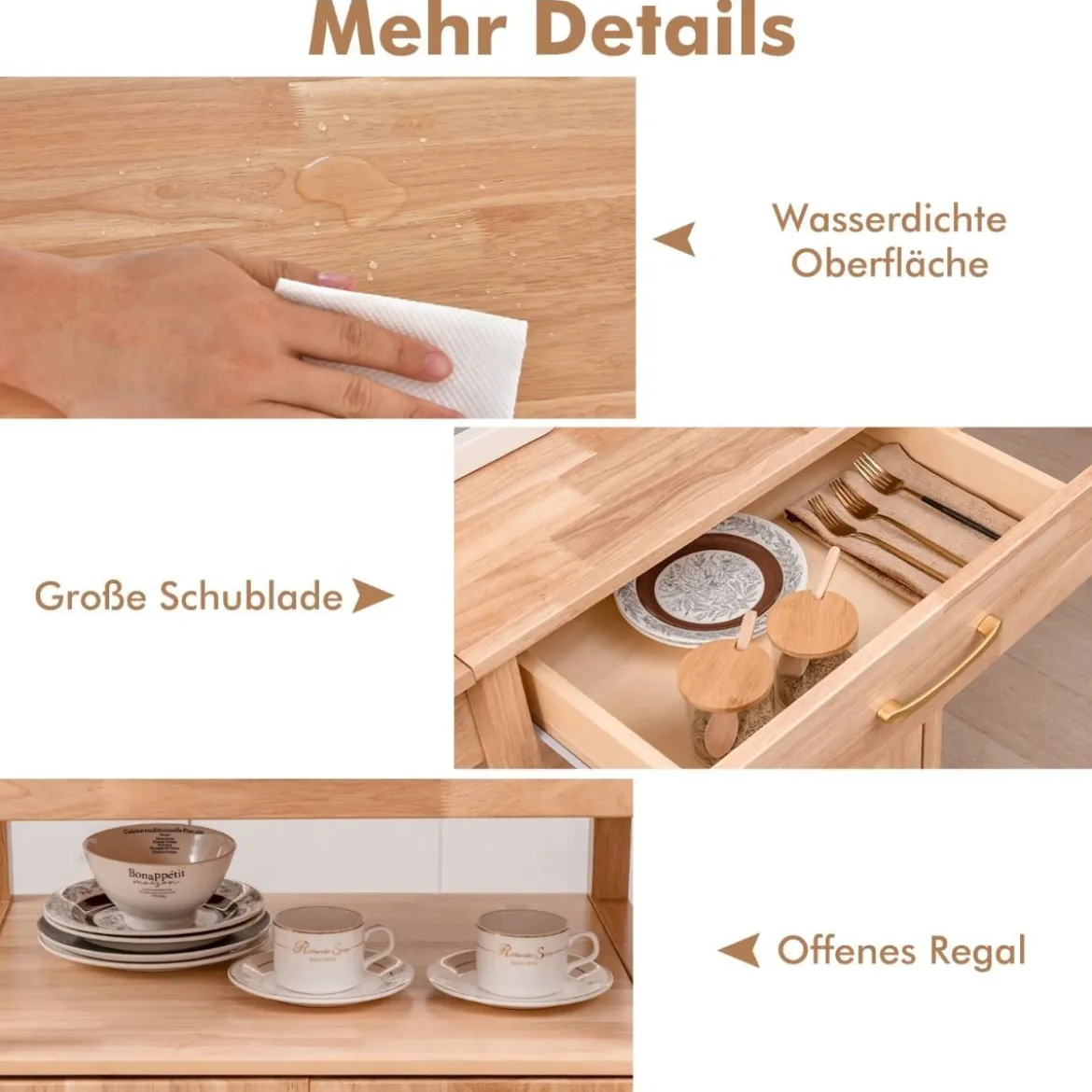 Küchenwagen mit Klappbarer Arbeitsplatte & Schublade & Schrank Servierwagen Natur