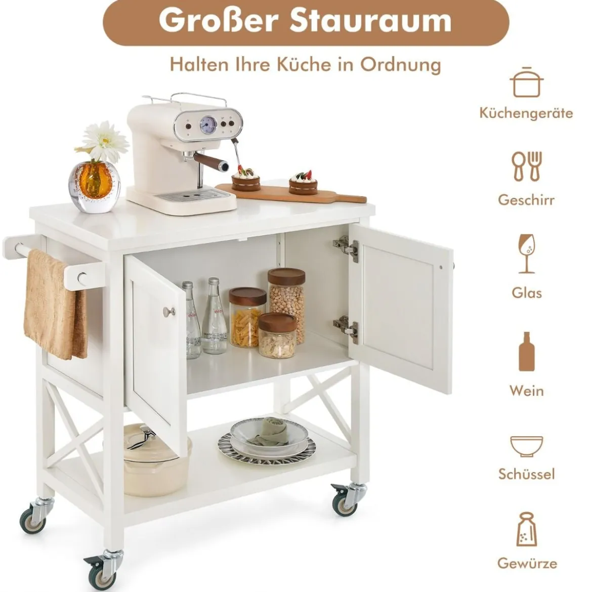 Küchenwagen mit Schrank & Ablage & Handtuchhalter & Gewürzregal Servierwagen Weiß