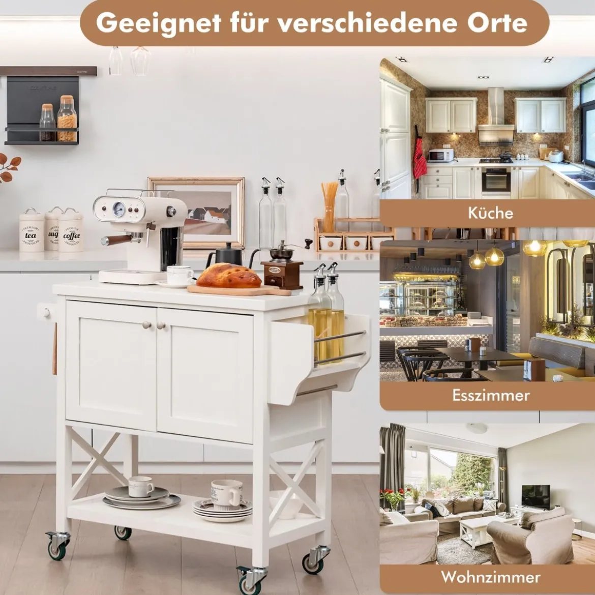 Küchenwagen mit Schrank & Ablage & Handtuchhalter & Gewürzregal Servierwagen Weiß