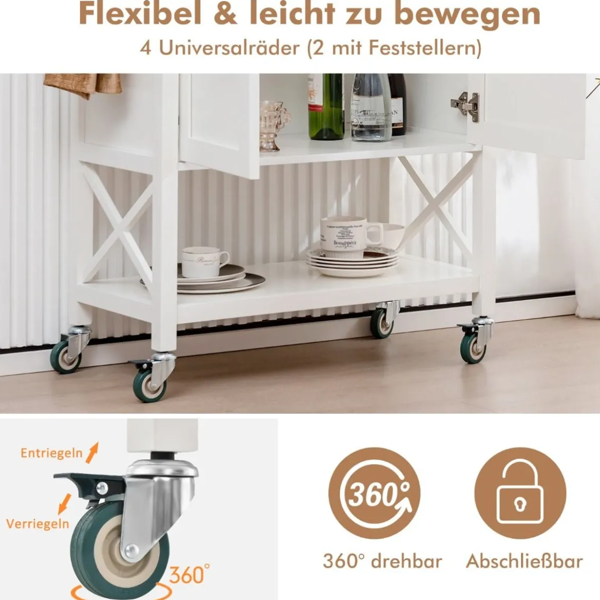 Küchenwagen mit Schrank & Ablage & Handtuchhalter & Gewürzregal Servierwagen Weiß