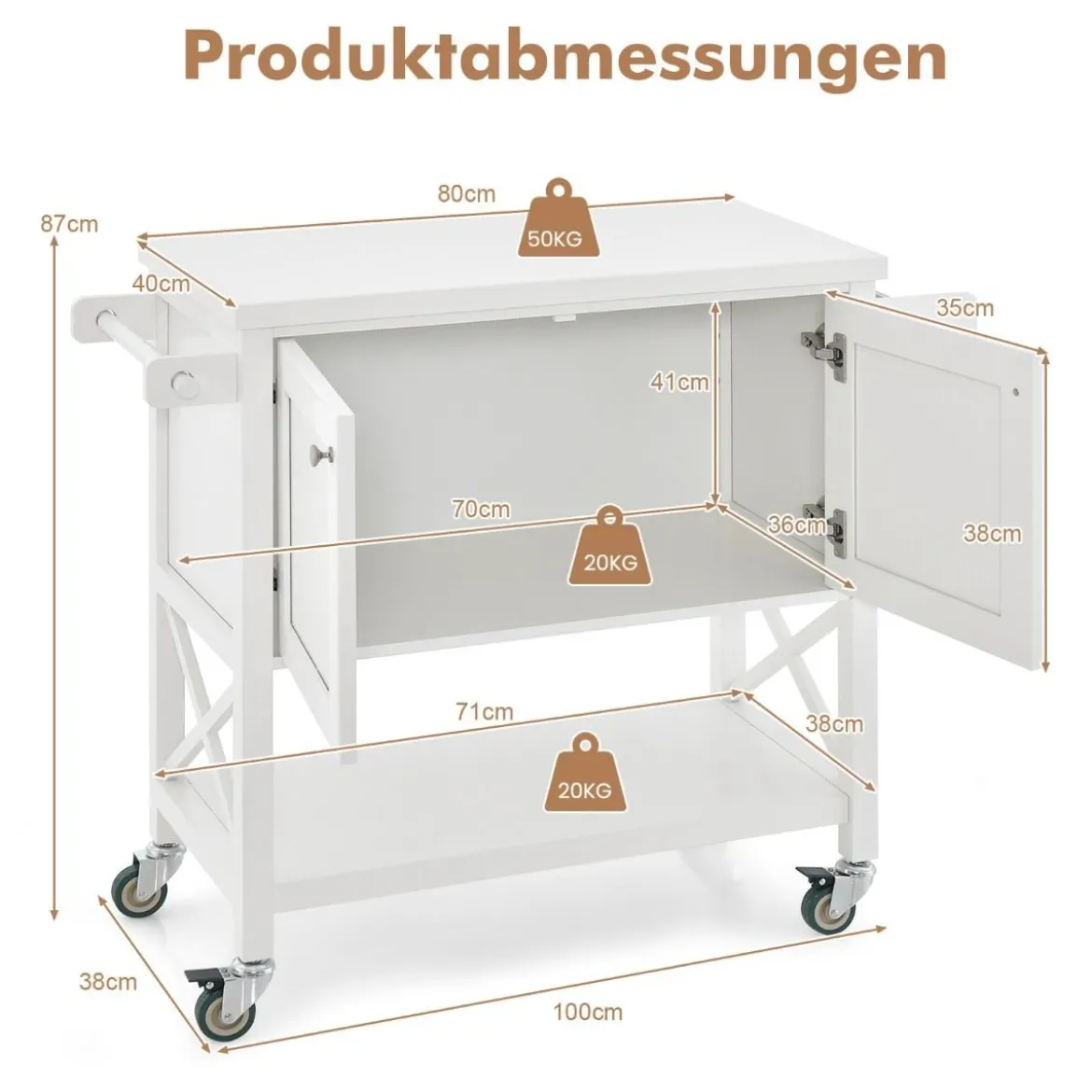 Küchenwagen mit Schrank & Ablage & Handtuchhalter & Gewürzregal Servierwagen Weiß