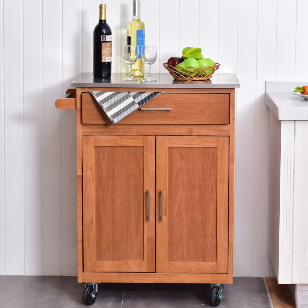 Küchenwagen mit Schublade Kücheninsel mit Handtuchhalter Küchenschrank rollbar Servierwagen aus Holz