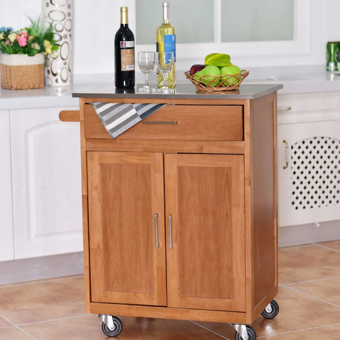 Küchenwagen mit Schublade Kücheninsel mit Handtuchhalter Küchenschrank rollbar Servierwagen aus Holz