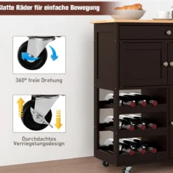 Küchenwagen mit Schubladen & 3-stöckigem Weinregal & Arbeitsplatte Servierwagen Braun